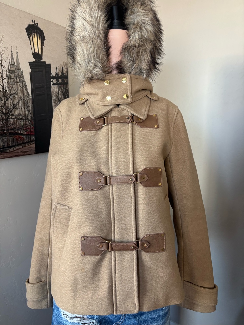 Michael Kors Camel Toggle Pea Coat with Faux Fur Hood